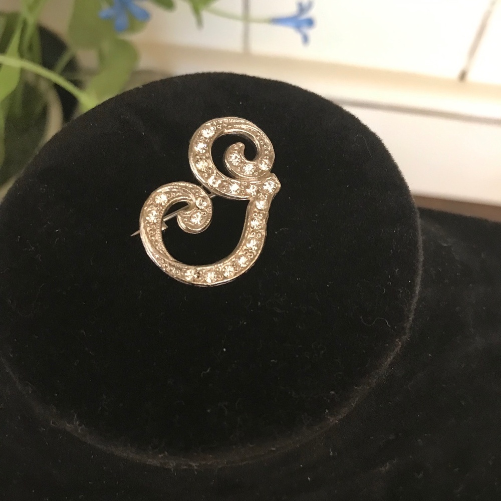 Vintage Monogram "G" Clear Rhinestone Brooch / Pin
